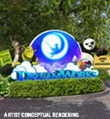 Artist conceptual rendering of the new DreamWorks themed land coming to Universal Studios Florida featuring Shrek & Donkey, Trolls, and Kung Fu Panda